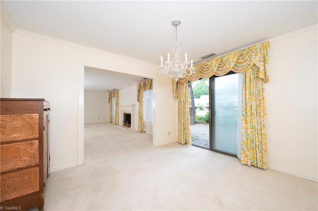 interior space featuring carpet floors, crown molding, and a chandelier