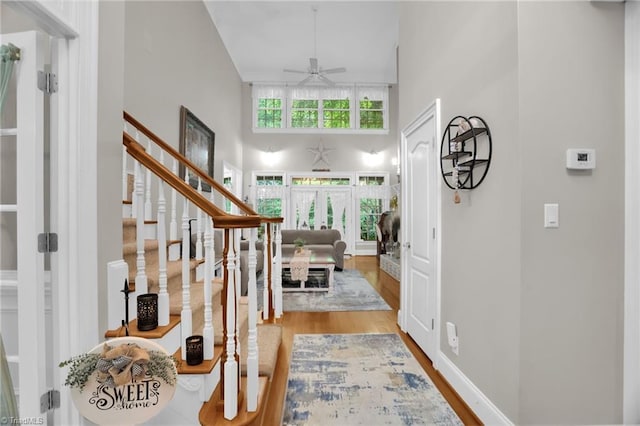 7672 Crossing Ridge Dr, Belews Creek, NC 27009 - entryway with a high ceiling, wood finished floors, a ceiling fan, and stairway