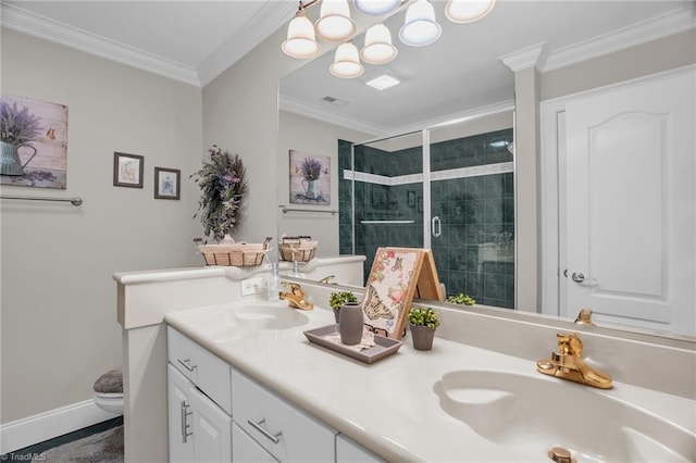 7672 Crossing Ridge Dr, Belews Creek, NC 27009 - bathroom with double vanity, a stall shower, crown molding, and a chandelier