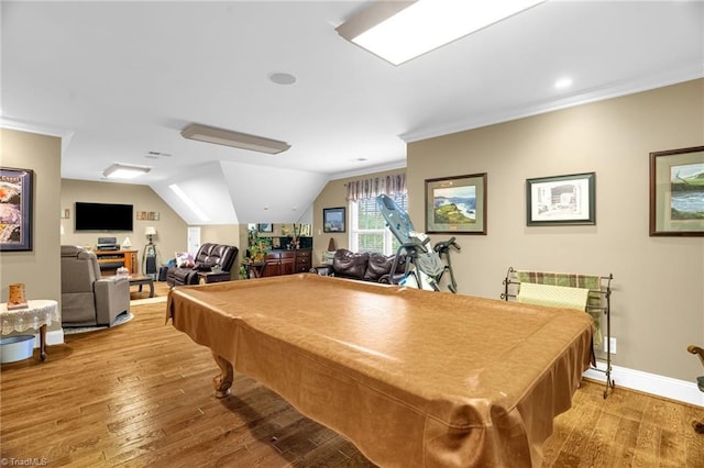7672 Crossing Ridge Dr, Belews Creek, NC 27009 - recreation room featuring light wood-type flooring, ornamental molding, pool table, and vaulted ceiling