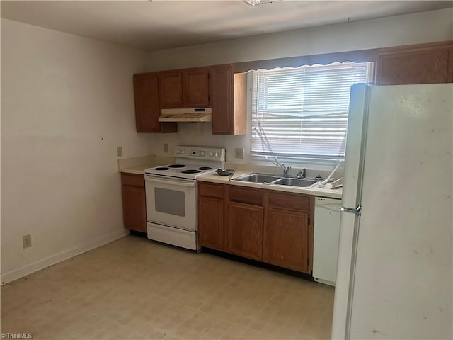 3815 Sheridan Rd, Greensboro, NC 27455 - kitchen featuring white appliances, under cabinet range hood, a sink, and light countertops