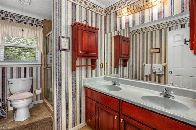 bathroom with an enclosed shower, a textured ceiling, vanity, tile patterned flooring, and toilet