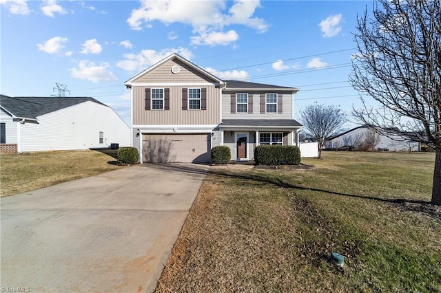 view of front facade with a garage and a front lawn