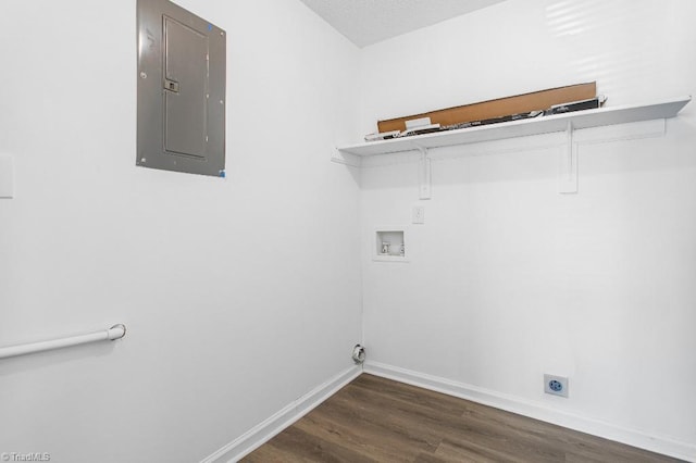 laundry room with electric panel, dark hardwood / wood-style floors, electric dryer hookup, and hookup for a washing machine