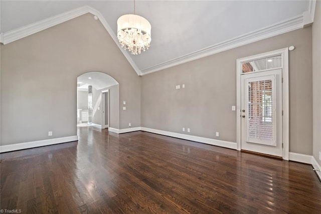 interior space featuring crown molding, high vaulted ceiling, a chandelier, and dark hardwood / wood-style flooring