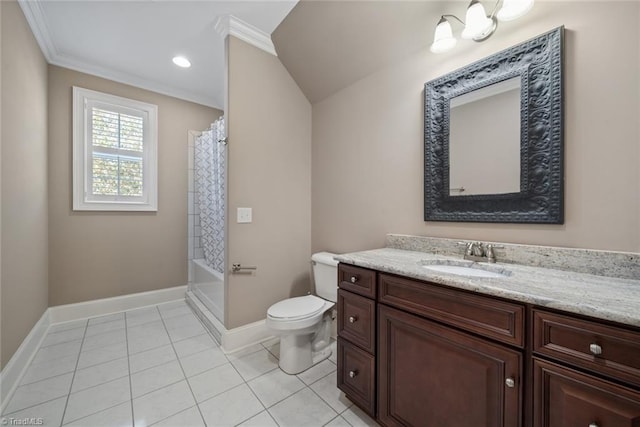 full bathroom with shower / tub combo with curtain, toilet, crown molding, vanity, and tile patterned flooring