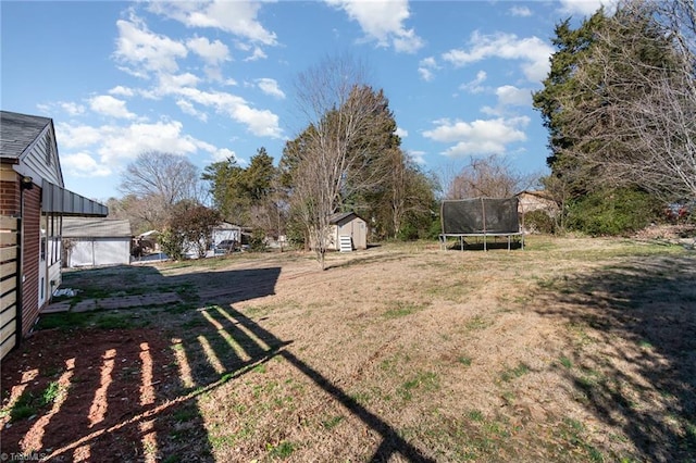 view of yard featuring a trampoline and a storage shed