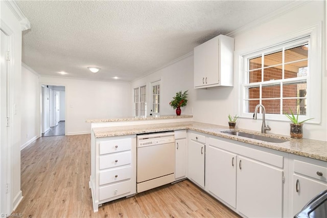 kitchen featuring kitchen peninsula, white cabinetry, dishwasher, and sink