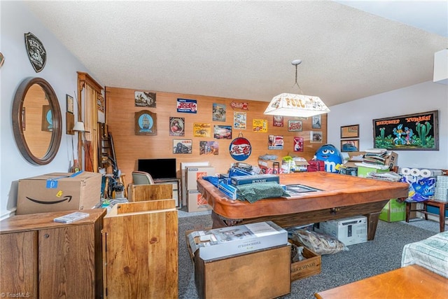 recreation room featuring carpet, wood walls, and a textured ceiling