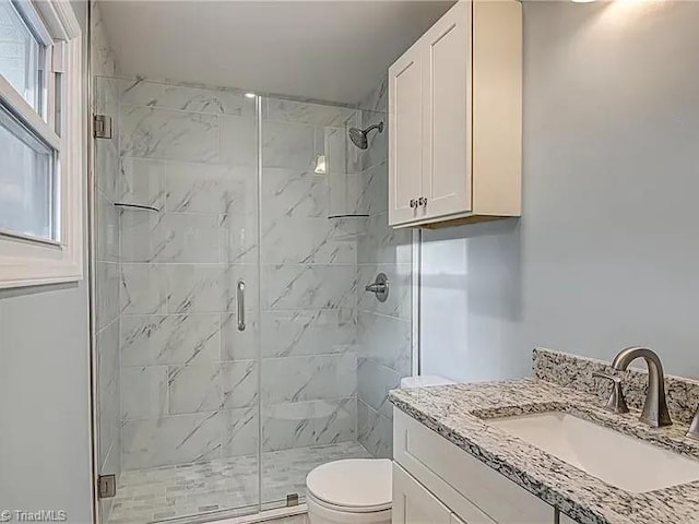 bathroom with vanity, toilet, and a stall shower