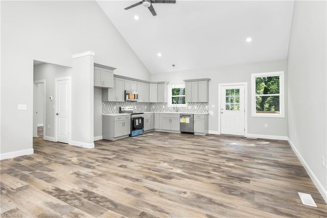 317 Styers Rd, Winston-Salem, NC 27105 - kitchen featuring high vaulted ceiling, a ceiling fan, backsplash, gray cabinetry, and stainless steel appliances