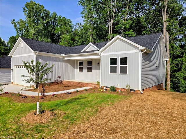 317 Styers Rd, Winston-Salem, NC 27105 - ranch-style home featuring a garage, a shingled roof, a front yard, and crawl space