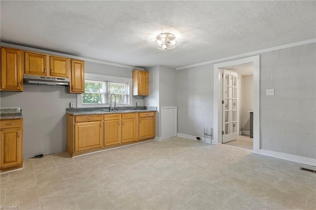 kitchen with sink, crown molding, and a textured ceiling