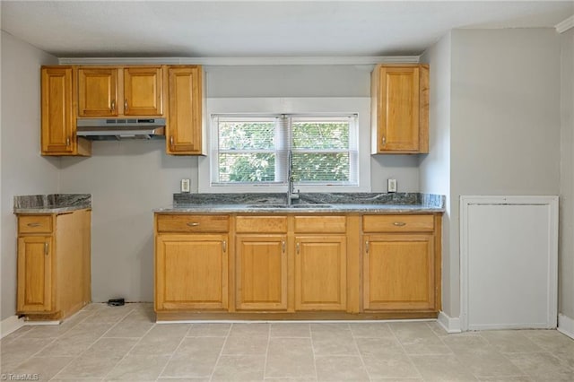 kitchen with dark stone counters and sink