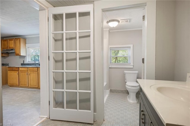 bathroom featuring ornamental molding, toilet, a bath, and vanity