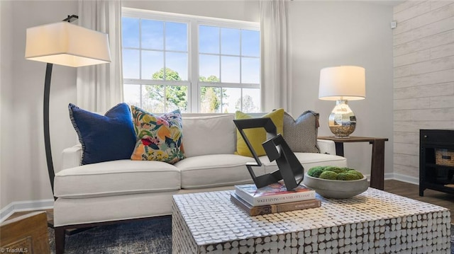 living room with wood walls, wood finished floors, baseboards, and a large fireplace