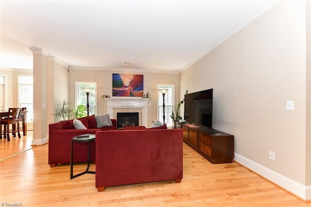 living area featuring a glass covered fireplace, light wood-style flooring, ornamental molding, and baseboards