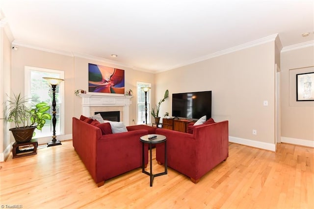 living room featuring a fireplace, light wood-style flooring, crown molding, baseboards, and plenty of natural light