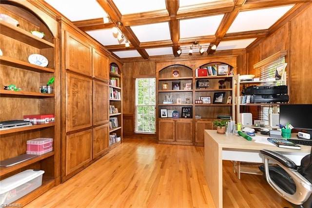 home office featuring light wood-style flooring, wooden walls, coffered ceiling, built in shelves, and beamed ceiling