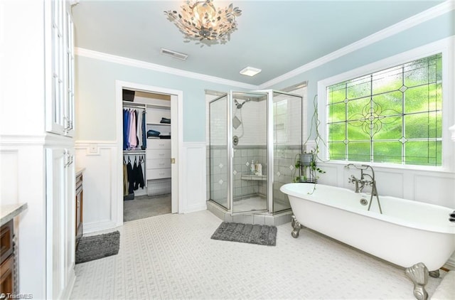 bathroom with a decorative wall, a shower stall, a freestanding tub, vanity, and a spacious closet