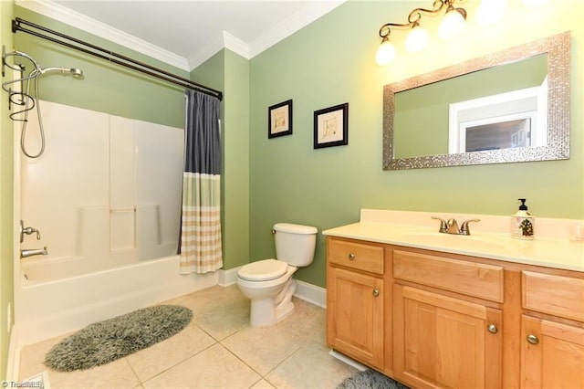 bathroom featuring toilet, ornamental molding, shower / tub combo with curtain, vanity, and tile patterned floors