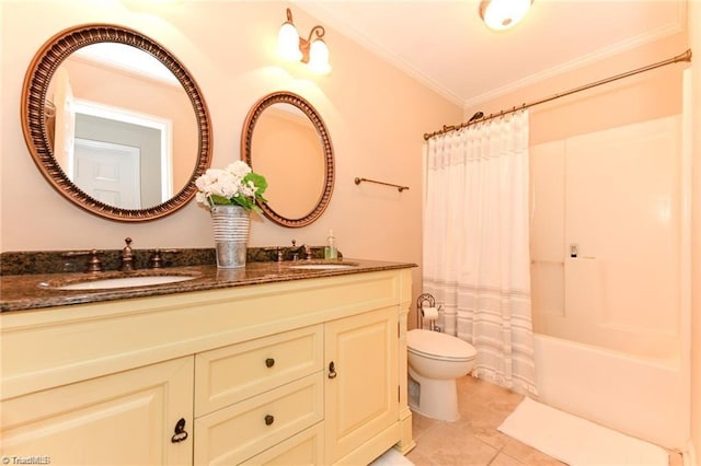 full bathroom with crown molding, toilet, tile patterned flooring, double vanity, and shower / bath combination with curtain