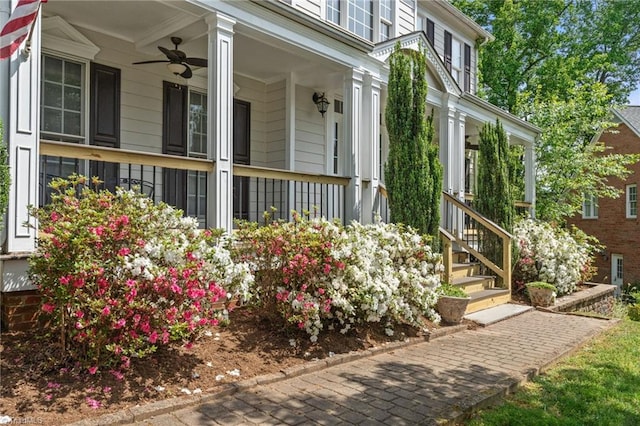 doorway to property featuring a ceiling fan and covered porch