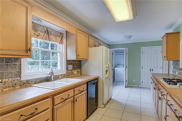 kitchen with crown molding, tasteful backsplash, dishwasher, sink, and light tile patterned flooring