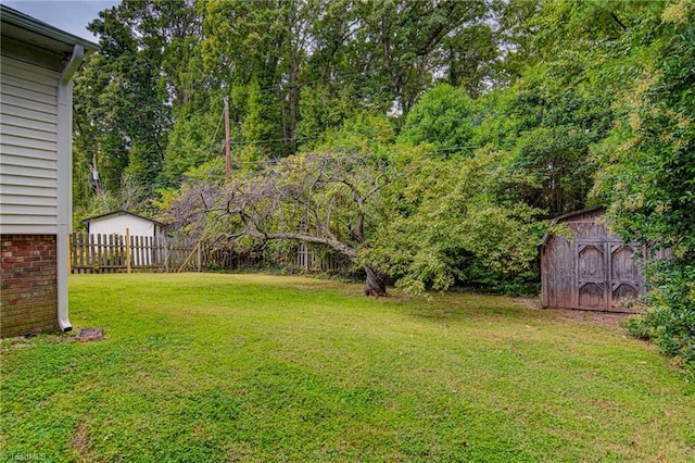 view of yard featuring a storage unit