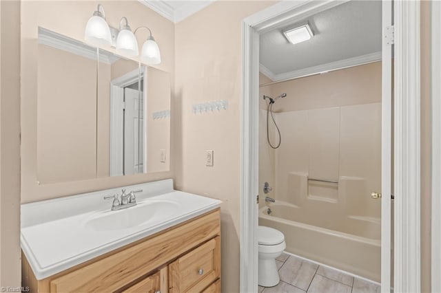 full bathroom with tile patterned floors, toilet, vanity, crown molding, and shower / bathtub combination