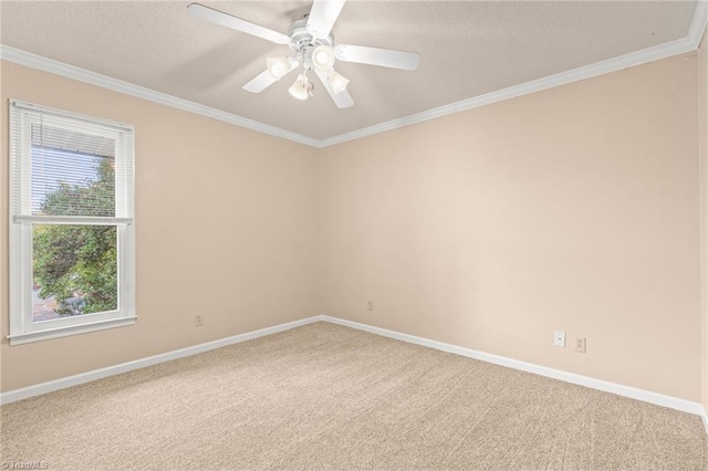 carpeted empty room featuring ceiling fan, a textured ceiling, and ornamental molding