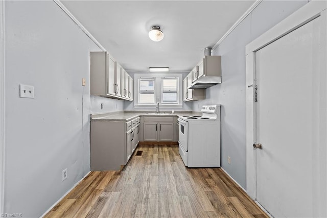 kitchen with white electric stove, light wood-style flooring, light countertops, under cabinet range hood, and a sink