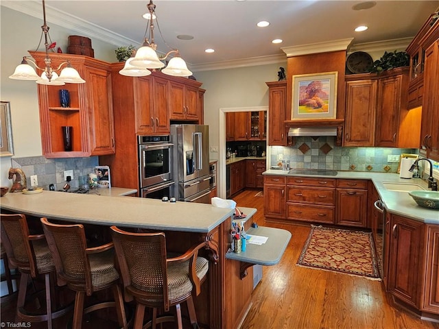 kitchen with light hardwood / wood-style flooring, appliances with stainless steel finishes, backsplash, and sink