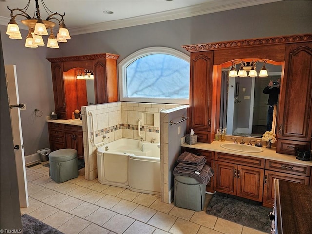 bathroom with an inviting chandelier, vanity, a bath, ornamental molding, and tile floors