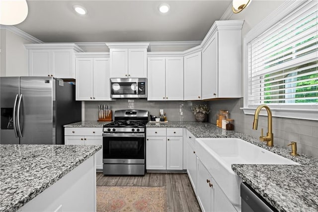 kitchen with a sink, stainless steel appliances, and white cabinetry