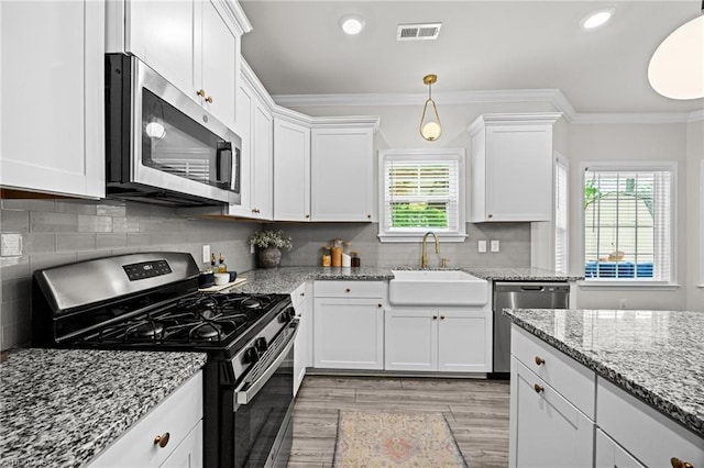 kitchen with visible vents, a sink, white cabinetry, and stainless steel appliances