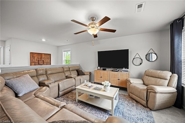 living room with carpet flooring, a ceiling fan, recessed lighting, and visible vents