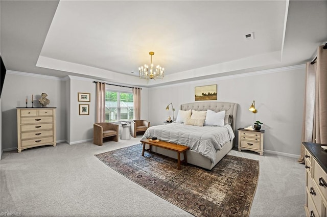 bedroom with baseboards, light colored carpet, an inviting chandelier, and a raised ceiling