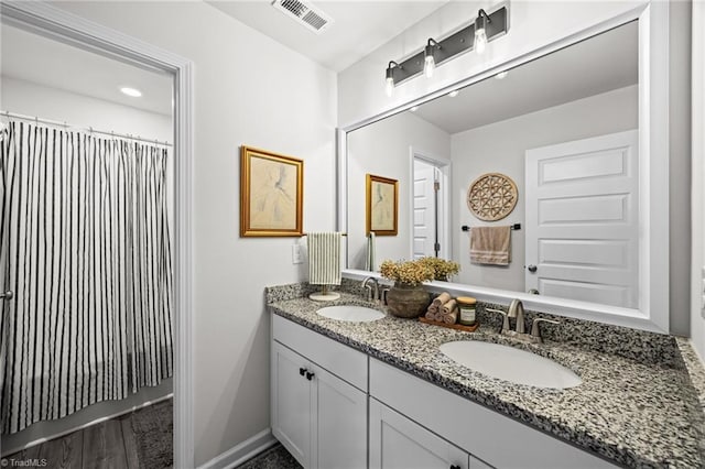 full bathroom featuring a sink, double vanity, and visible vents