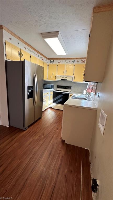 kitchen with sink, a textured ceiling, stainless steel appliances, exhaust hood, and dark hardwood / wood-style floors