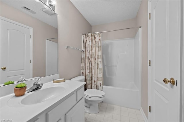 full bathroom featuring toilet, tile patterned floors, shower / bathtub combination with curtain, a textured ceiling, and vanity