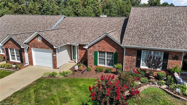 ranch-style home featuring brick siding, roof with shingles, a chimney, concrete driveway, and a garage