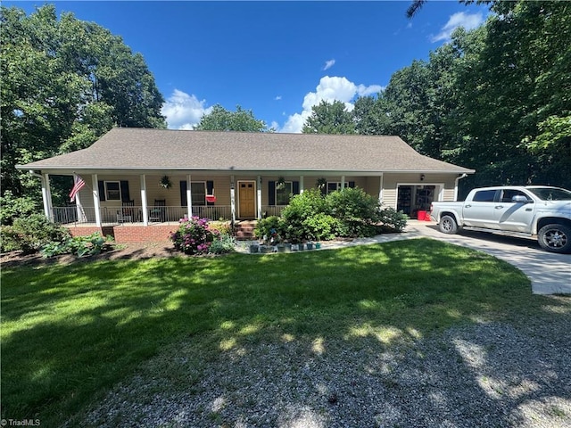 1346 Overland Trl, Hays, NC 28635 - ranch-style home with covered porch, an attached garage, a front lawn, driveway, and roof with shingles