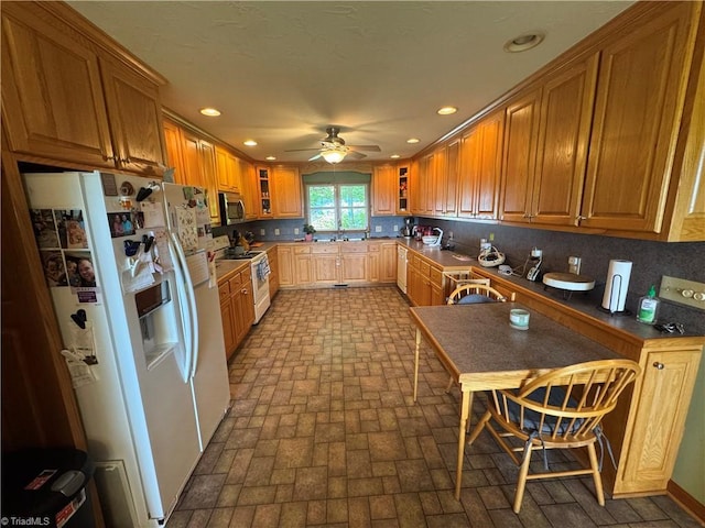 1346 Overland Trl, Hays, NC 28635 - kitchen featuring white appliances, brick patterned flooring, recessed lighting, a ceiling fan, and glass insert cabinets
