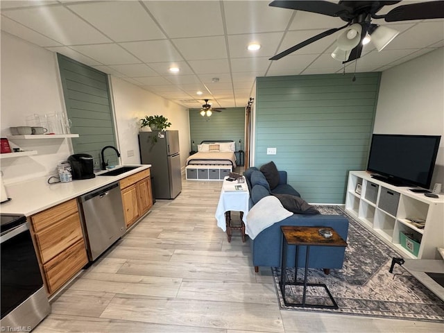 1346 Overland Trl, Hays, NC 28635 - living area with ceiling fan, light wood-type flooring, a paneled ceiling, and recessed lighting