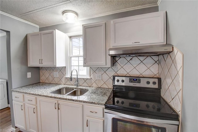 kitchen with washer / clothes dryer, crown molding, stainless steel range with electric stovetop, a sink, and exhaust hood