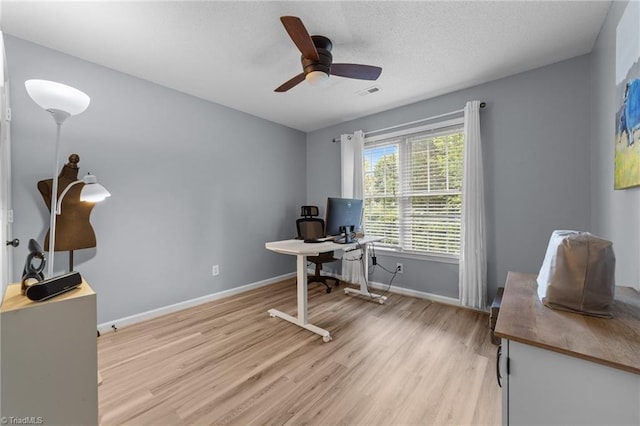 900 Biloxi Ave, Kernersville, NC 27284 - office with a textured ceiling, visible vents, a ceiling fan, baseboards, and light wood-style floors