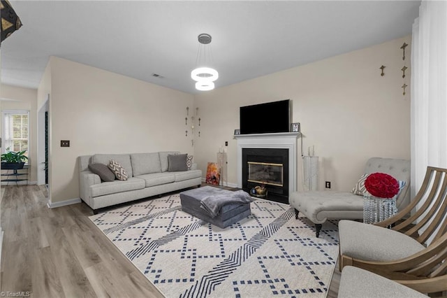 900 Biloxi Ave, Kernersville, NC 27284 - living room featuring baseboards, a glass covered fireplace, visible vents, and wood finished floors