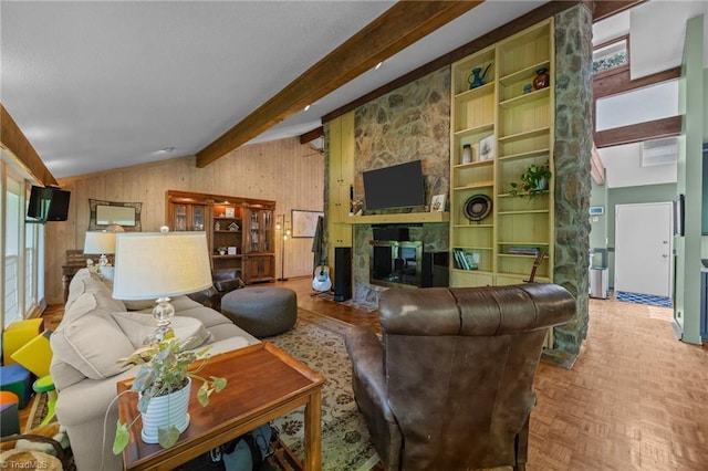 3715 Bentbrook Dr, High Point, NC 27265 - living area with wooden walls and a fireplace