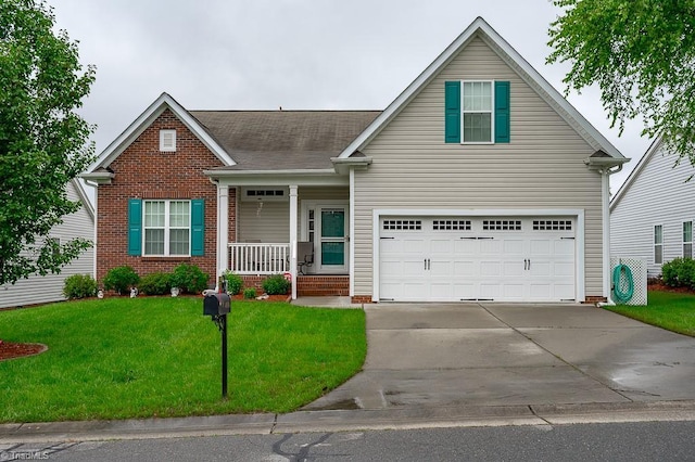 4036 Eastside Ct, Winston-Salem, NC 27127 - traditional home with covered porch, concrete driveway, a front yard, a garage, and brick siding